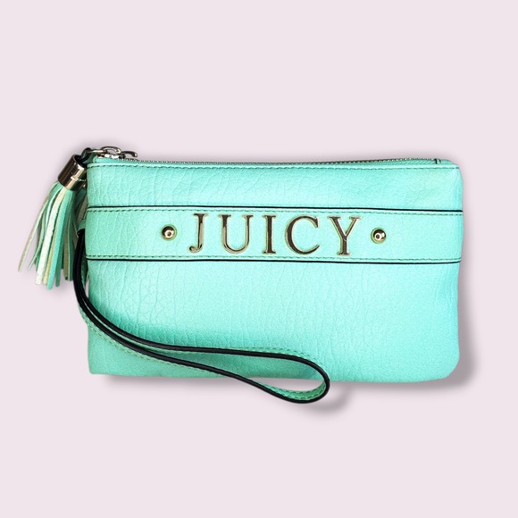 Juicy Couture Handbags - Juicy Couture Mint Green Double Zip Wristlet Pouch Tassel Clutch Gold Logo Crown